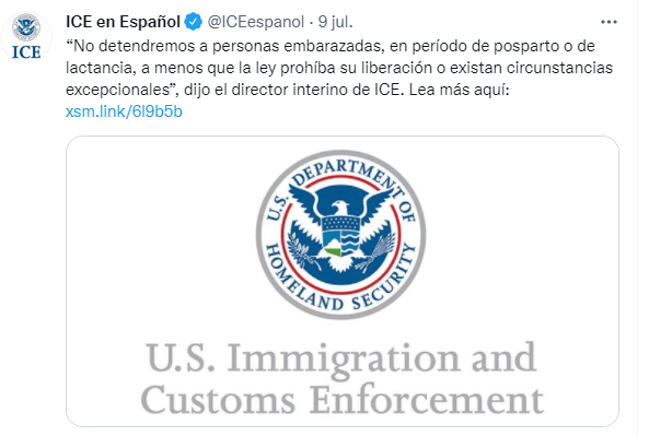 En esta nota informamos que, en línea con la Reforma Migratoria 2021, ICE ya no arrestará a personas embrazadas o de posparto. La imagen es de la difusión del anuncio en la cuenta de Twitter de la agencia. 