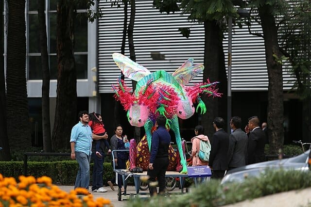 Este artículo habla sobre la exposición de alebrijes de Cantigny Park. La imagen muestra un alebrije monumental expuesto en Ciudad de México.