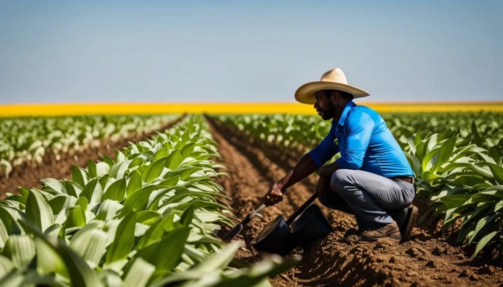 Trabajador rural migrante en un campo con cosechas