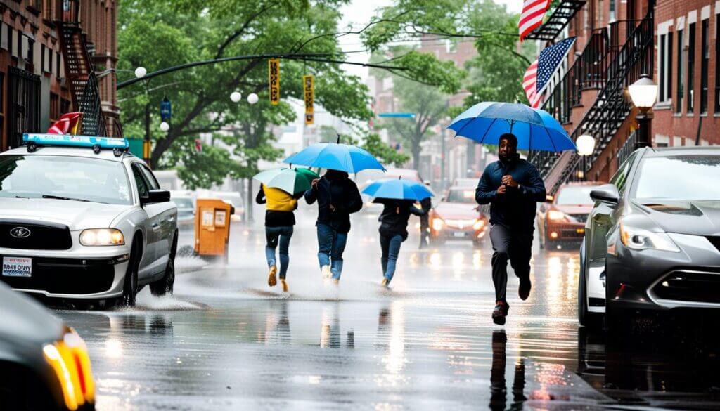 Grupo de personas con paraguas huyendo de la lluvia en las calles de Brooklyn 