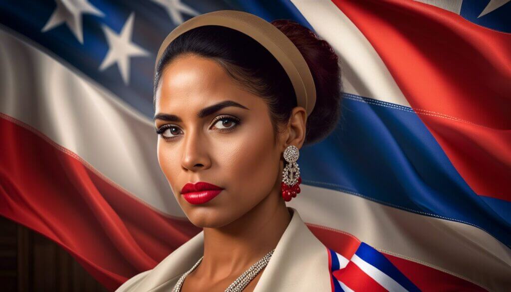 Rostro de una mujer cubana con la bandera de Cuba y USA de fondo