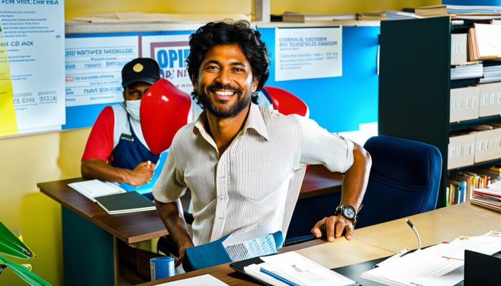Migrante sonriendo a la cámara en el despacho de su oficina donde trabaja legalmente