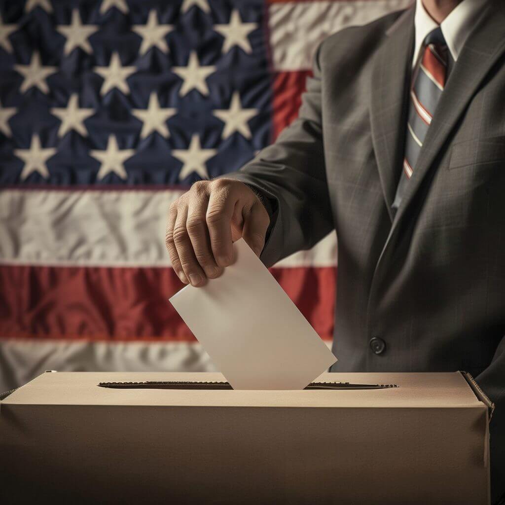 Persona votando con una bandera de Estados Unidos de fondo
