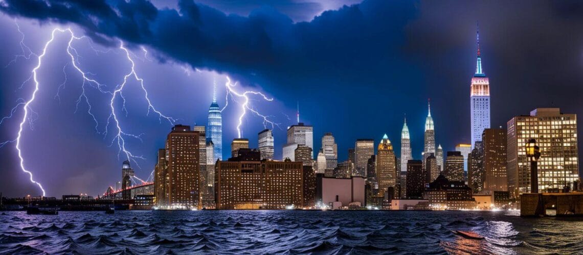 Imagen de la tormenta de New York con rayos y nubes negras vista desde un barco
